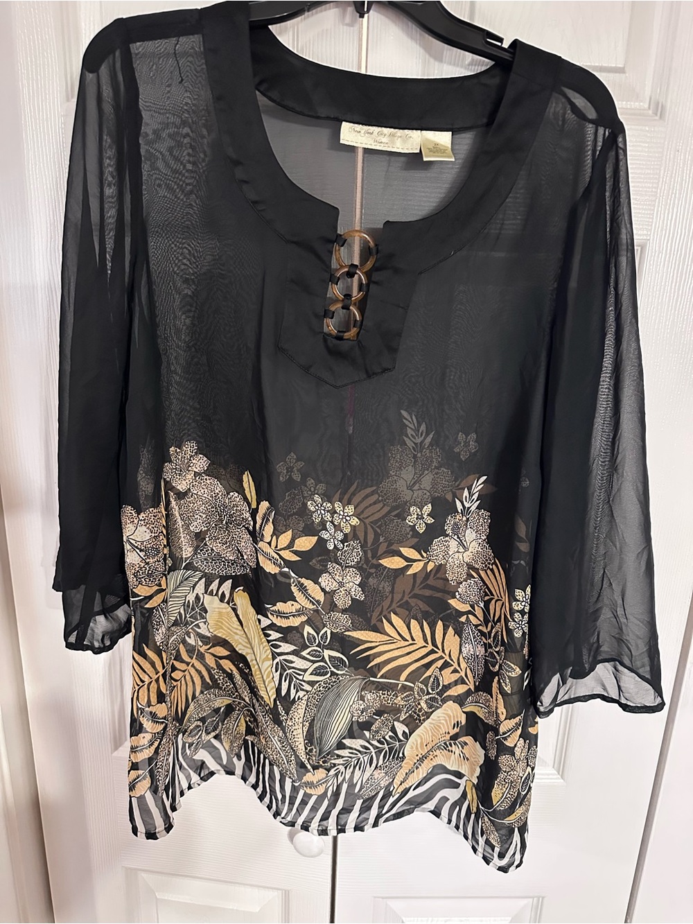 Black Sheer Floral-Print Tunic with Metallic Accents